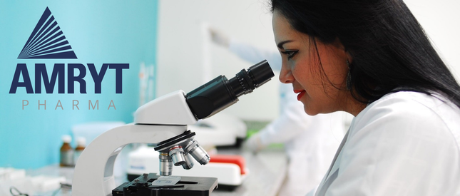 Amryt Logo and a female researcher in a lab